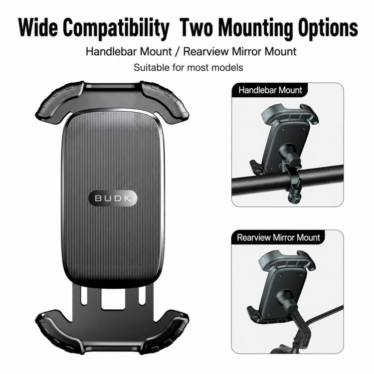 Supporto per telefono da moto BUDK T02 rinforzato e retrattile, antiurto, per bicicletta, ideale per la navigazione all'aperto., Rearview Mirror Black, Rearview Mirror Black Orange, Handlebar Black, Handlebar Black Orange