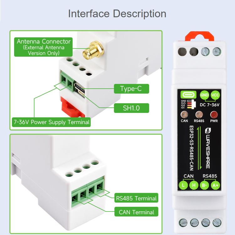 Scheda di controllo industriale Waveshare ESP32-S3 con interfacce di comunicazione RS485 e CAN., External Antenna, Onboard Antenna