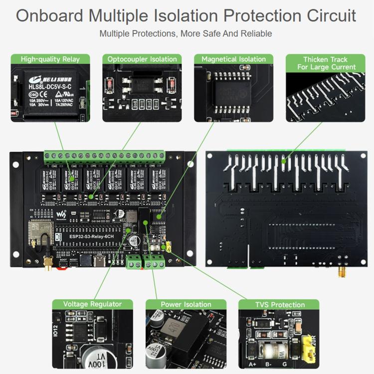 Modulo relè WiFi industriale Waveshare 26756 a 6 canali per ESP32-S3, compatibile con controllo WiFi, Bluetooth e RS485., 26756