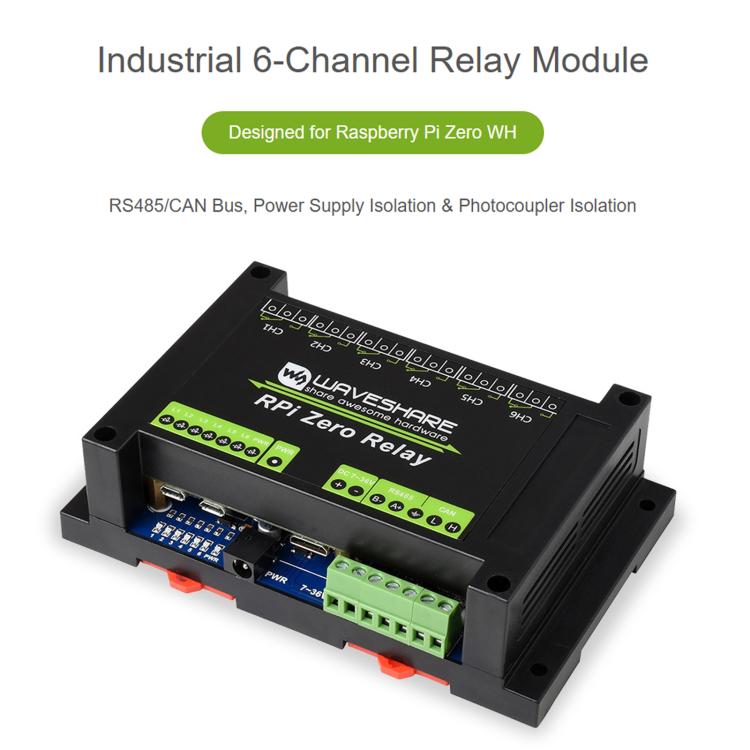 Modulo relè industriale Waveshare a 6 canali per Raspberry Pi Zero RS485/CAN, con protezioni isolate., EU Plug, US Plug