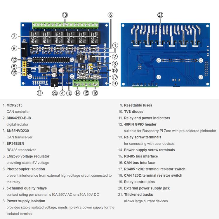 Modulo relè industriale Waveshare a 6 canali per Raspberry Pi Zero RS485/CAN, con protezioni isolate., EU Plug, US Plug