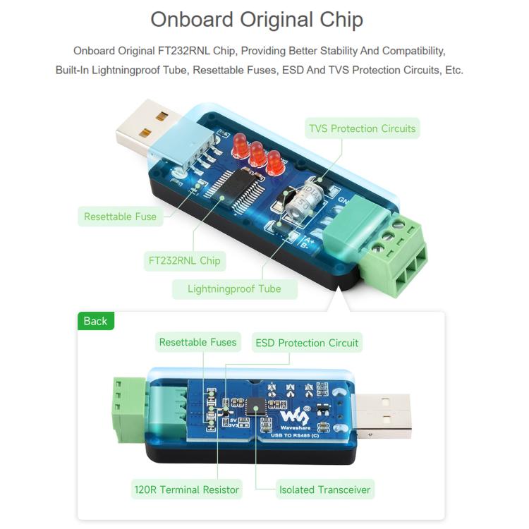 Convertitore bidirezionale isolato di livello industriale da USB a RS485 C Waveshare 34620, 34620