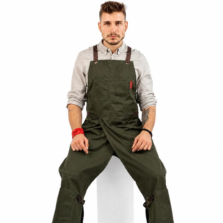Grembiule da lavoro con gambe divise, schiena incrociata, tasche per barbiere, ceramista e tatuatore.
