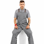 Grembiule da lavoro con gambe divise, schiena incrociata, tasche per barbiere, ceramista e tatuatore.