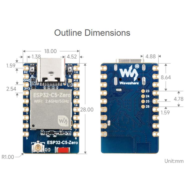 Scheda di sviluppo Waveshare ESP32-C5-Zero Mini con processore RISC-V a 32 bit, No Pin Header, Pin Header Soldering