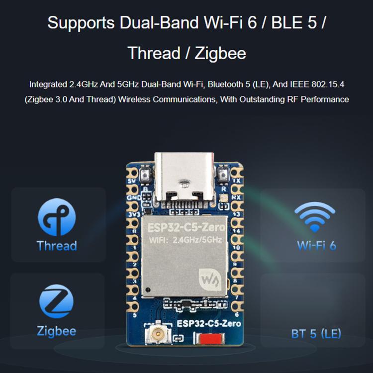 Scheda di sviluppo Waveshare ESP32-C5-Zero Mini con processore RISC-V a 32 bit, No Pin Header, Pin Header Soldering