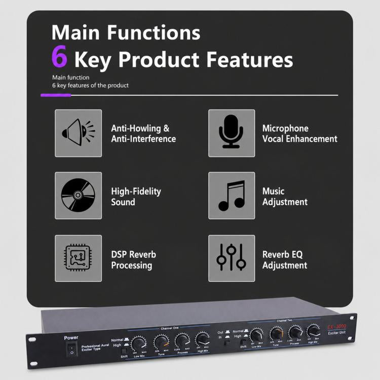 Processore audio professionale Aural Exciter a doppio canale, montabile su rack 1U, con riverbero DSP e spina europea., EX3000