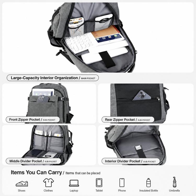 Zaino per laptop da viaggio/lavoro REMOID 9022B, resistente all'acqua, di grandi dimensioni, con porta USB.