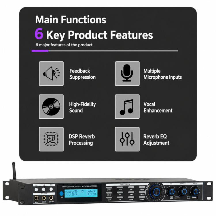 Processore audio digitale professionale AP800, pre-effetto KTV con riverbero DSP anti-ululato per microfono da palco., EU Plug, US Plug, UK Plug
