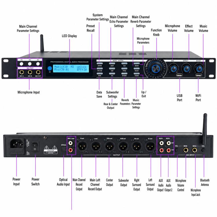 Processore audio digitale professionale AP800, pre-effetto KTV con riverbero DSP anti-ululato per microfono da palco., EU Plug, US Plug, UK Plug