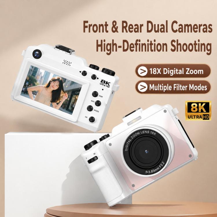 Videocamera digitale 8K con zoom 18x per vlogging, Wi-Fi, doppia lente, 80 MP con autofocus, ideale per adolescenti e studenti.