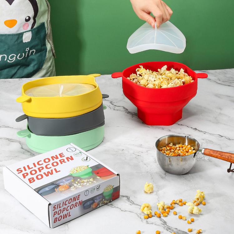 Ciotola per popcorn in silicone pieghevole con coperchio, riutilizzabile, adatta al microonde., Standard Cyan, Standard Grey, Standard Red, Standard Earthy Yellow, with Spatula Red, with Spatula Cyan