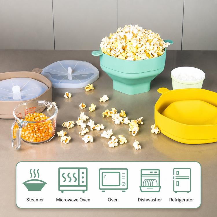 Ciotola per popcorn in silicone pieghevole con coperchio, riutilizzabile, adatta al microonde., Standard Cyan, Standard Grey, Standard Red, Standard Earthy Yellow, with Spatula Red, with Spatula Cyan