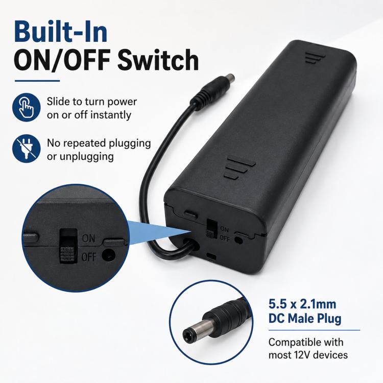 Portabatterie 8 AA con interruttore ON/OFF, custodia portatile da 12 V per doppie batterie A con connettore maschio CC da 5,5 mm x 2,1 mm., 8 AA 12V Square