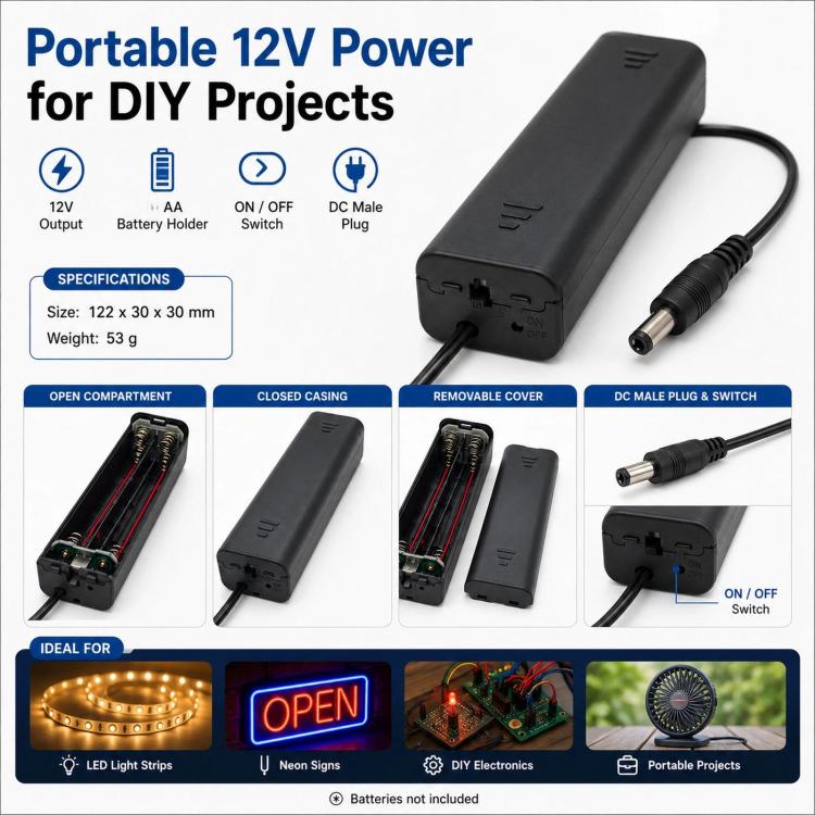 Portabatterie 8 AA con interruttore ON/OFF, custodia portatile da 12 V per doppie batterie A con connettore maschio CC da 5,5 mm x 2,1 mm., 8 AA 12V Square