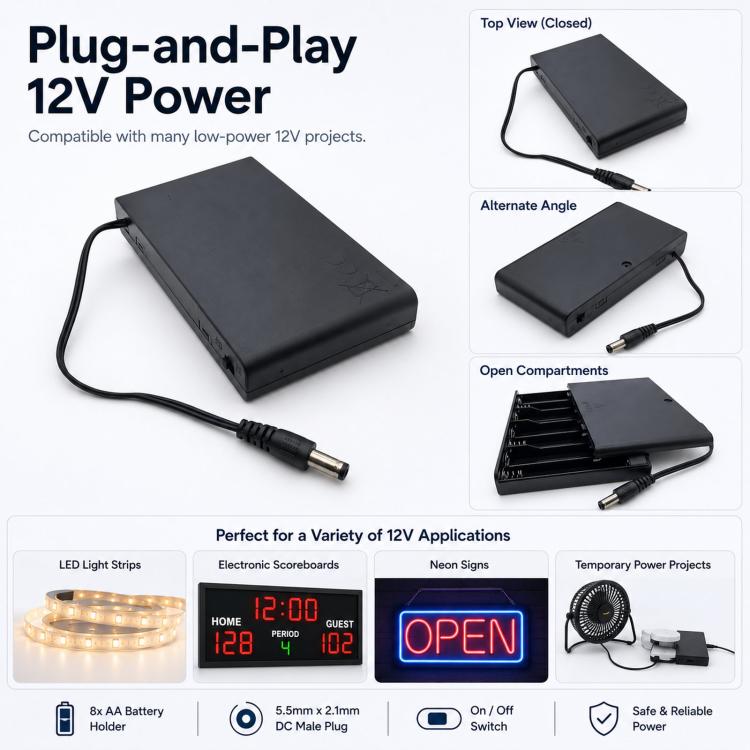 Portabatterie 8 AA con coperchio e interruttore ON/OFF, contenitore piatto per batterie da 12 V con connettore maschio CC da 5,5 mm x 2,1 mm., 8 AA 12V Flat