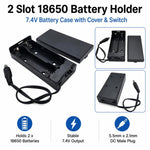 Portabatterie a 2 slot per batterie 18650 con coperchio e interruttore, custodia per batterie da 7,4 V con connettore maschio CC da 5,5 mm x 2,1 mm., 2 Slot 18650