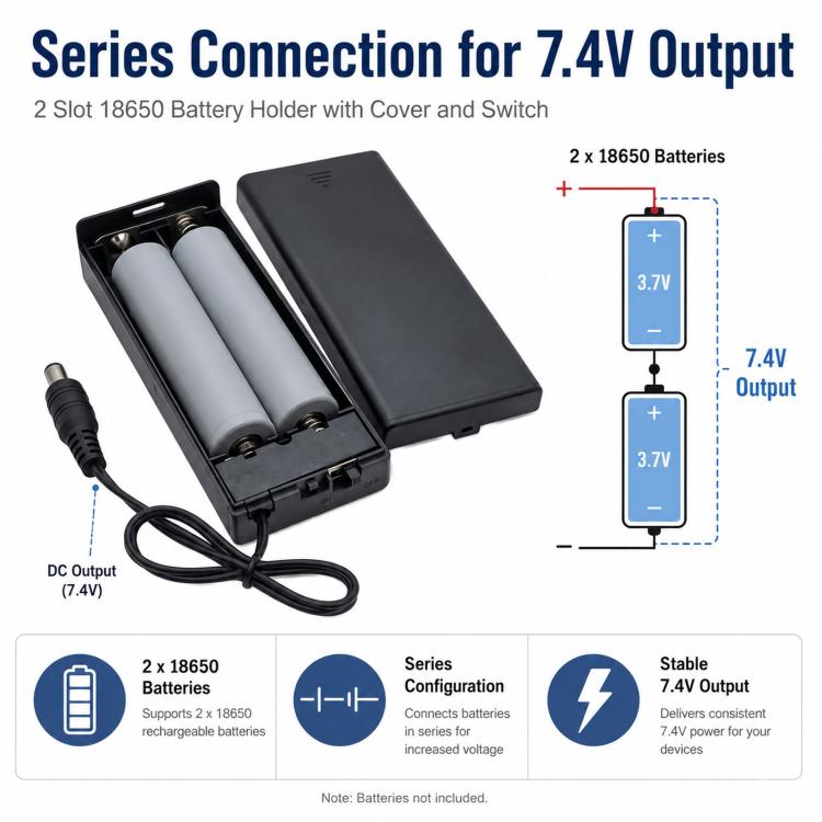 Portabatterie a 2 slot per batterie 18650 con coperchio e interruttore, custodia per batterie da 7,4 V con connettore maschio CC da 5,5 mm x 2,1 mm., 2 Slot 18650
