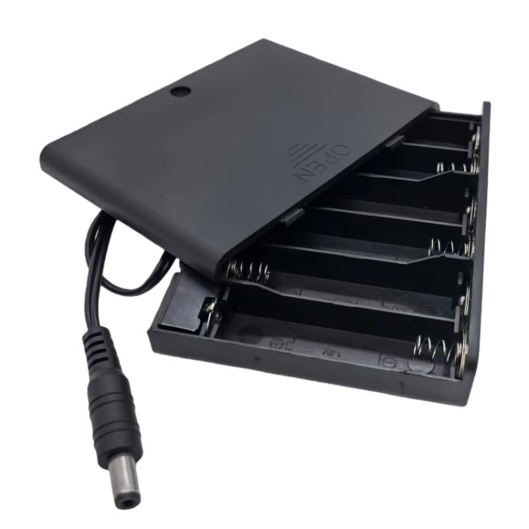 Portabatterie per 6 batterie AA da 9V con coperchio e interruttore ON/OFF. Contenitore per doppie batterie A con connettore maschio CC da 5,5 mm x 2,1 mm., 6 AA 9V