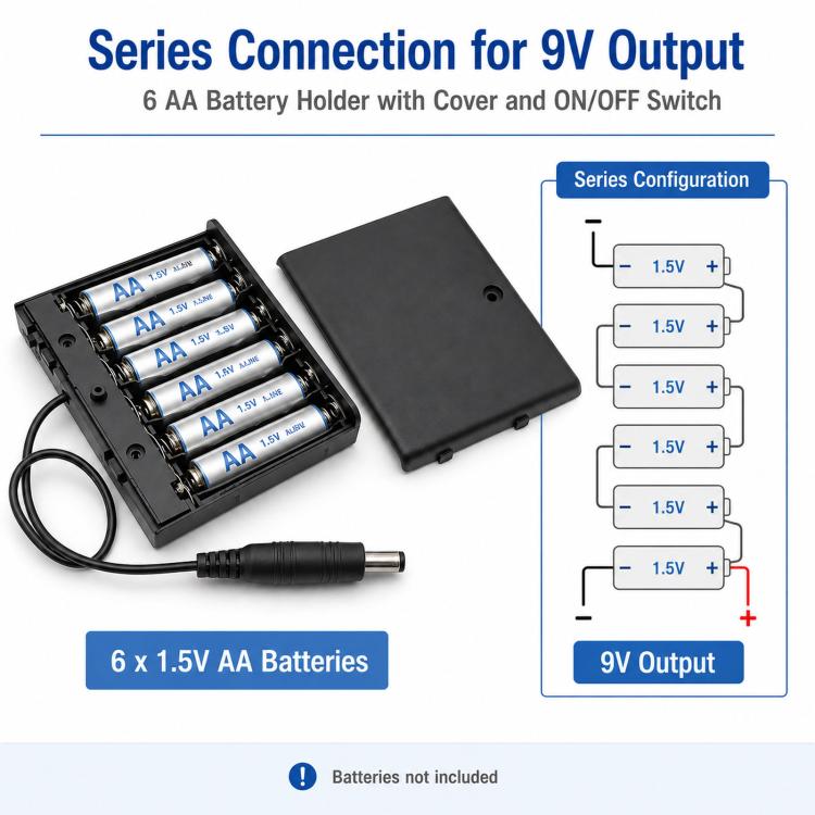 Portabatterie per 6 batterie AA da 9V con coperchio e interruttore ON/OFF. Contenitore per doppie batterie A con connettore maschio CC da 5,5 mm x 2,1 mm., 6 AA 9V