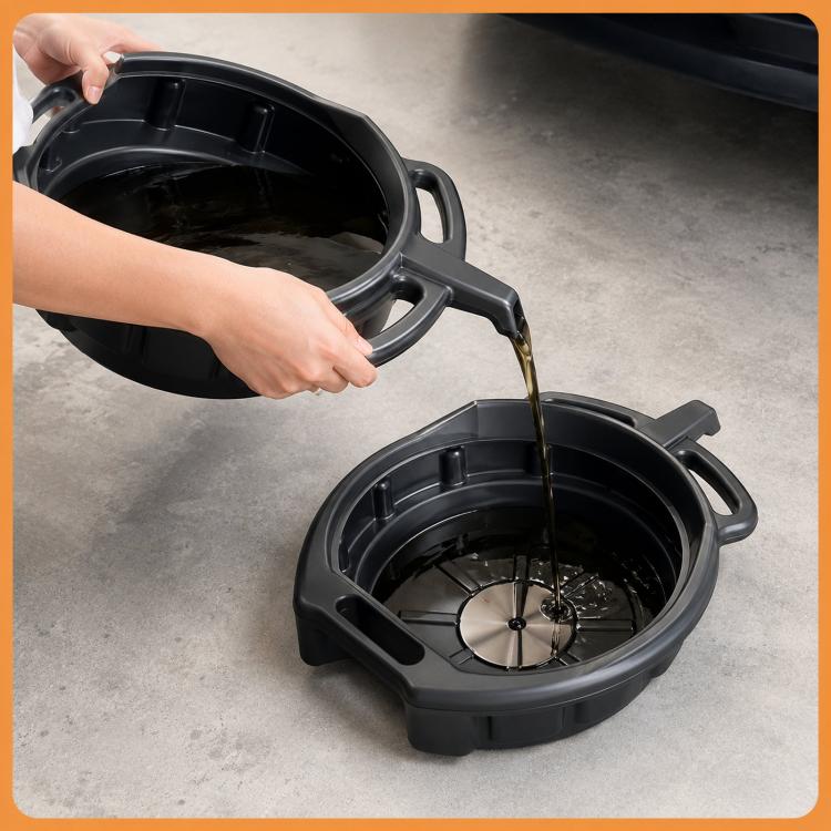 Vaschetta di raccolta olio in plastica con manici e beccuccio, vasca per cambio fluidi resistente., 10L, 15L