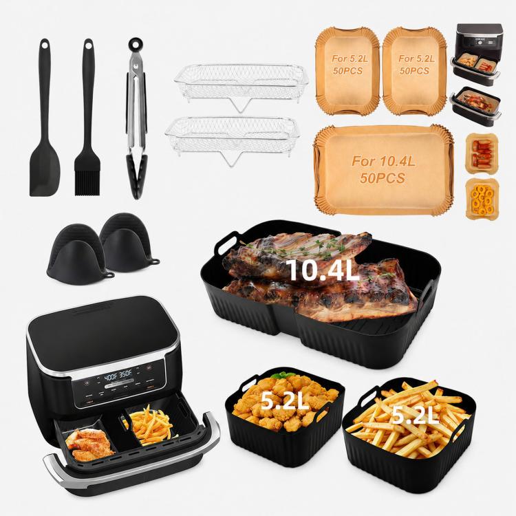 Cestino FlexBasket 10.4L MegaZone per Ninja AF500 AF500EU, 3 Pcs Silicone Liners Set, 10 Pcs Accessories Kit, 11 Pcs Accessories Kit, 13 Pcs Accessories Kit, 15 Pcs Deluxe Accessories Kit