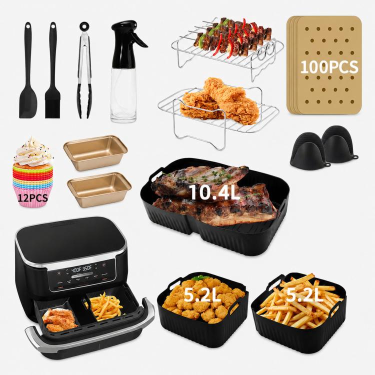 Cestino FlexBasket 10.4L MegaZone per Ninja AF500 AF500EU, 3 Pcs Silicone Liners Set, 10 Pcs Accessories Kit, 11 Pcs Accessories Kit, 13 Pcs Accessories Kit, 15 Pcs Deluxe Accessories Kit