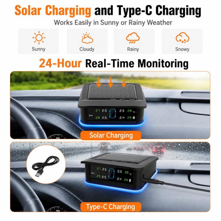 Sistema di monitoraggio della pressione degli pneumatici TPMS a energia solare con luce ambientale a LED, External 4-Wheel, External 6-Wheel, Built-in 4-Wheel, Built-in 6-Wheel