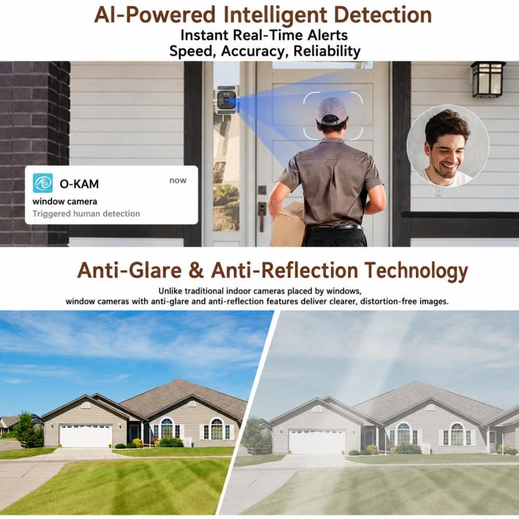 Telecamera di sicurezza domestica intelligente 2K HD con doppia staffa, Wi-Fi, senza fori, per finestre.