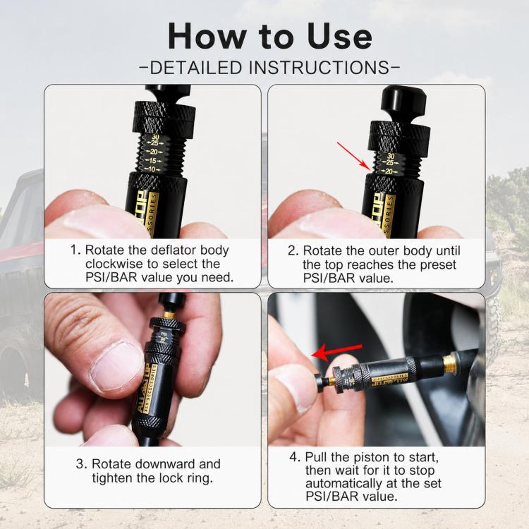 Kit di sgonfiatori per pneumatici regolabili 10-30 PSI, valvola automatica di sfogo della pressione in ottone, Black