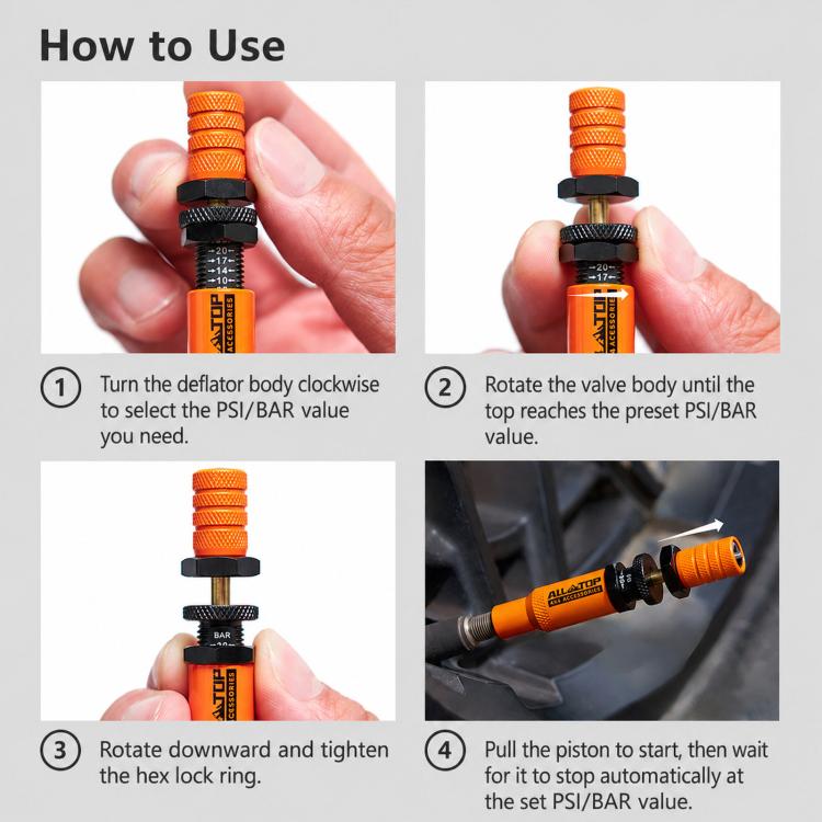 Kit di sgonfiaggio pneumatici 10-30 PSI con valvola di sfiato in ottone con arresto automatico, Orange