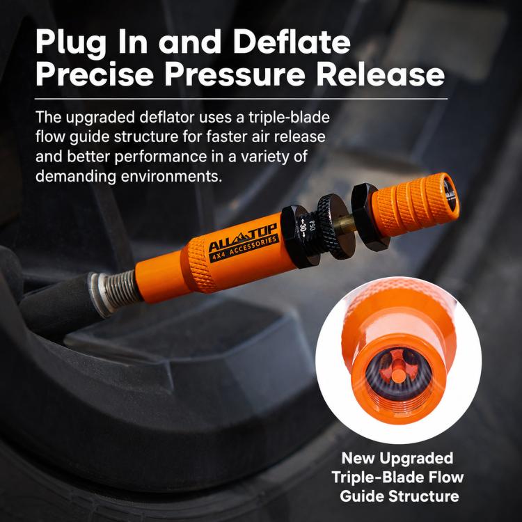 Kit di sgonfiaggio pneumatici 10-30 PSI con valvola di sfiato in ottone con arresto automatico, Orange
