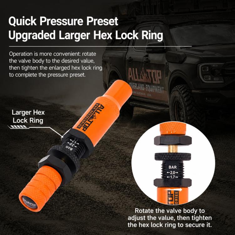 Kit di sgonfiaggio pneumatici 10-30 PSI con valvola di sfiato in ottone con arresto automatico, Orange