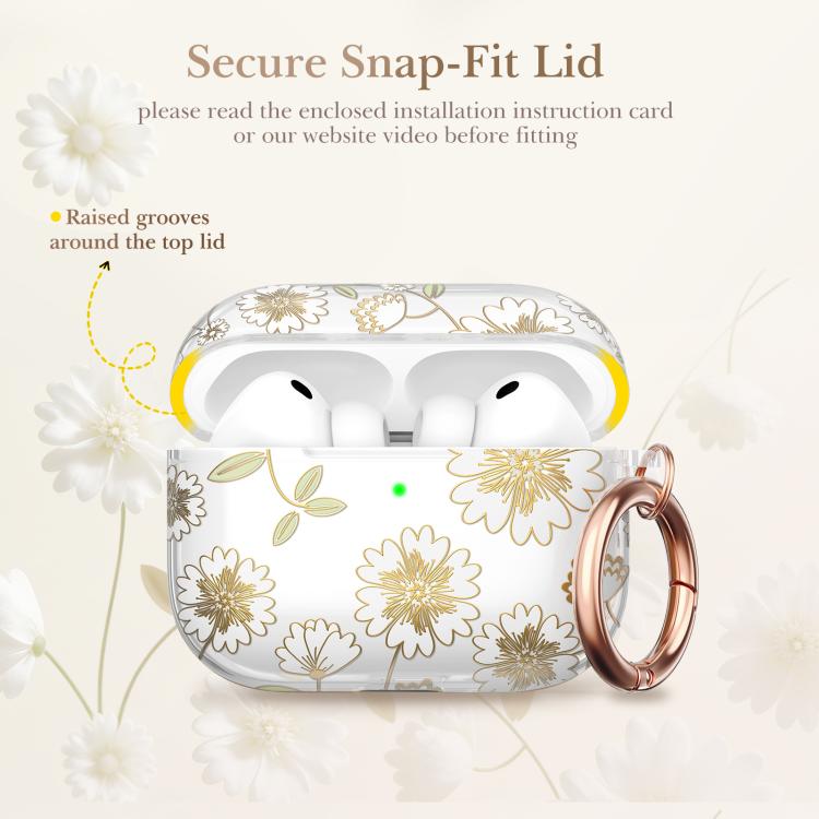 Custodia rigida protettiva in TPU trasparente AhaStyle WE40 con motivo floreale e portachiavi., For AirPods Pro 3