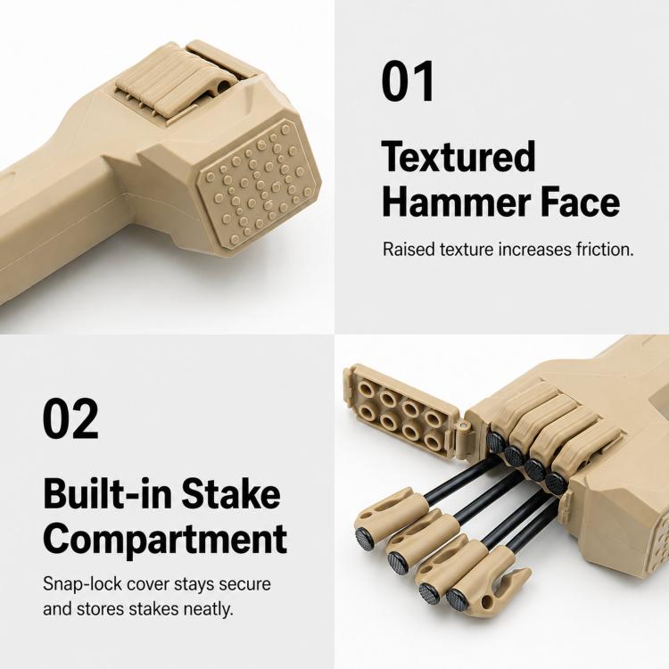 Multifunctional Camping Hammer Set with 8 Steel Tent Pegs Portable Tent Stake Mallet with Built-in Storage Compartment
