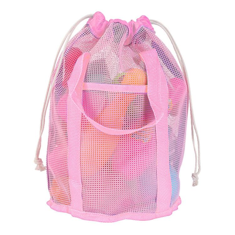 Mesh Beach Toy Bag Drawstring Toiletry Tote Sack With Handle Front Pocket For Kids Bath Swimming