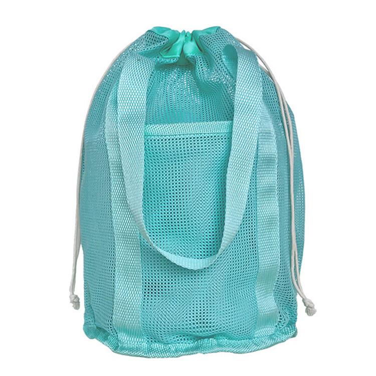 Mesh Beach Toy Bag Drawstring Toiletry Tote Sack With Handle Front Pocket For Kids Bath Swimming