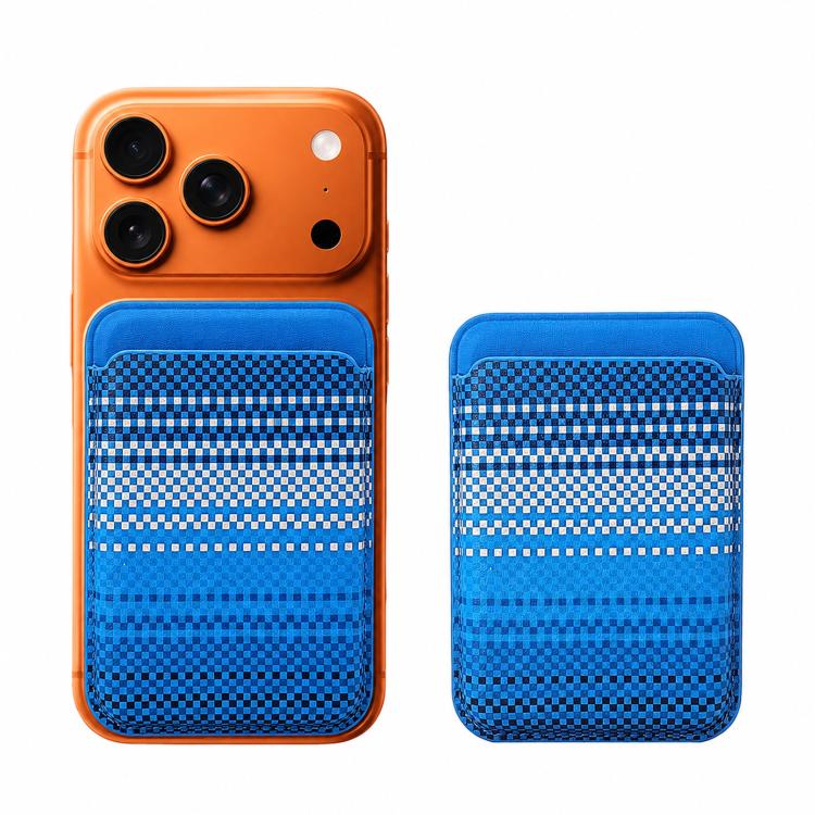 Portafoglio magnetico per cellulare con texture in fibra aramidica a righe, porta carte con 23 magneti N52 e fessura per il pollice.