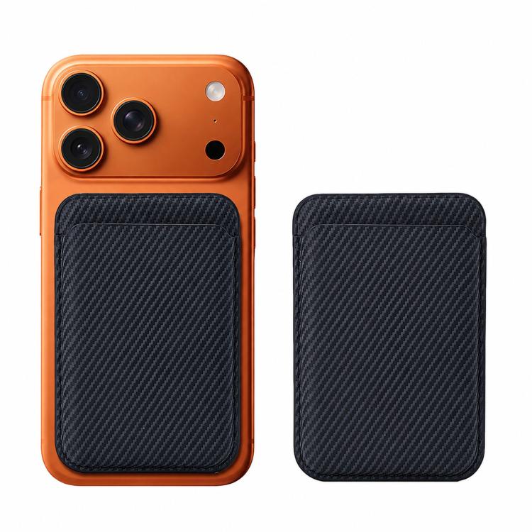 Portafoglio magnetico per cellulare con texture in fibra aramidica a righe, porta carte con 23 magneti N52 e fessura per il pollice.