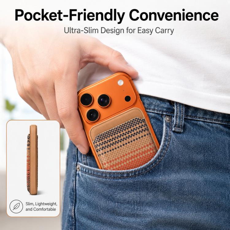 Portafoglio magnetico per cellulare con texture in fibra aramidica a righe, porta carte con 23 magneti N52 e fessura per il pollice.