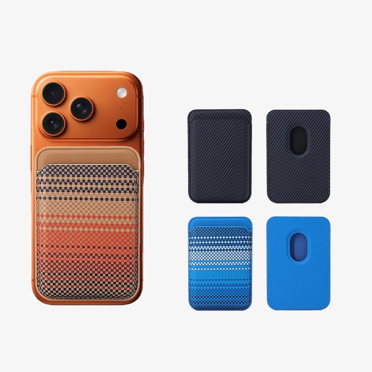 Portafoglio magnetico per cellulare con texture in fibra aramidica a righe, porta carte con 23 magneti N52 e fessura per il pollice.
