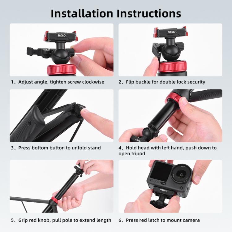 BRDRC Asta per selfie con testa a sfera da 1,6 m e sgancio rapido per treppiede., For DJI Osmo Action 6 / Nano, For DJI Osmo Action 3 / 4 / 5 Pro