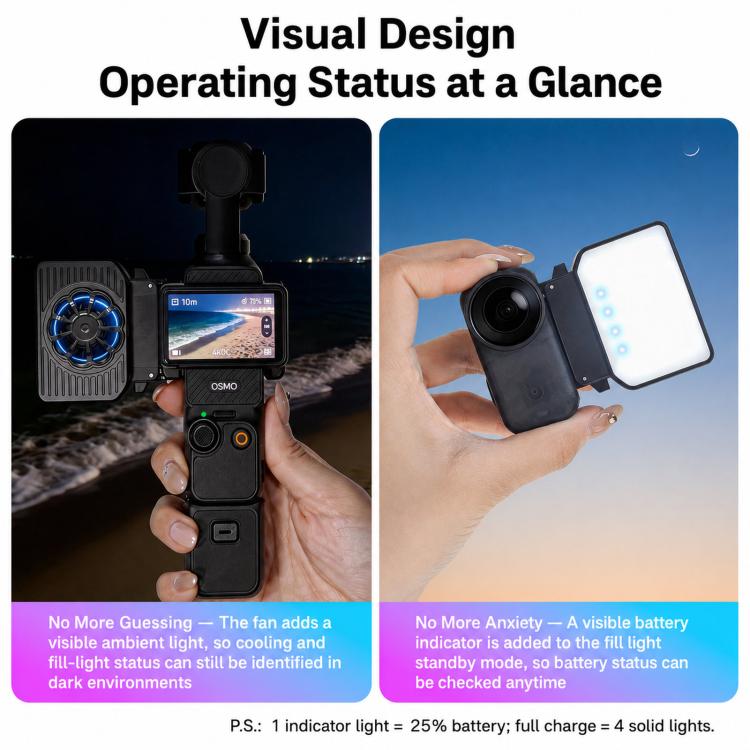 ShiYifan Ventola di raffreddamento e luce di riempimento 2 in 1, For DJI Osmo Nano, For DJI Osmo Action 6, For DJI Osmo Action 4 / 5, For DJI Osmo Pocket 4 / 3 / Insta360 Luna Ultra
