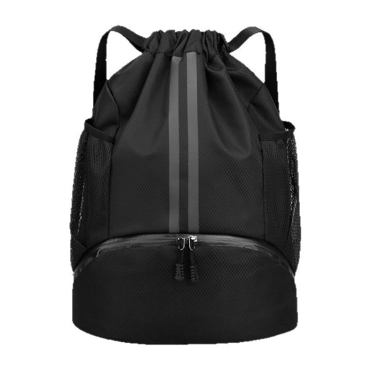 Zaino sportivo con coulisse, scomparto per scarpe e separazione tra asciutto e bagnato, ideale per palestra, basket, calcio e nuoto.