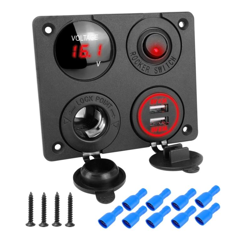 Voltmetro per accendisigari 4.2A Doppia USB Interruttore a pannello a quattro fori per auto, Blue Wireless, Green Wireless, Red Wireless, Blue Wired, Green Wired, Red Wired