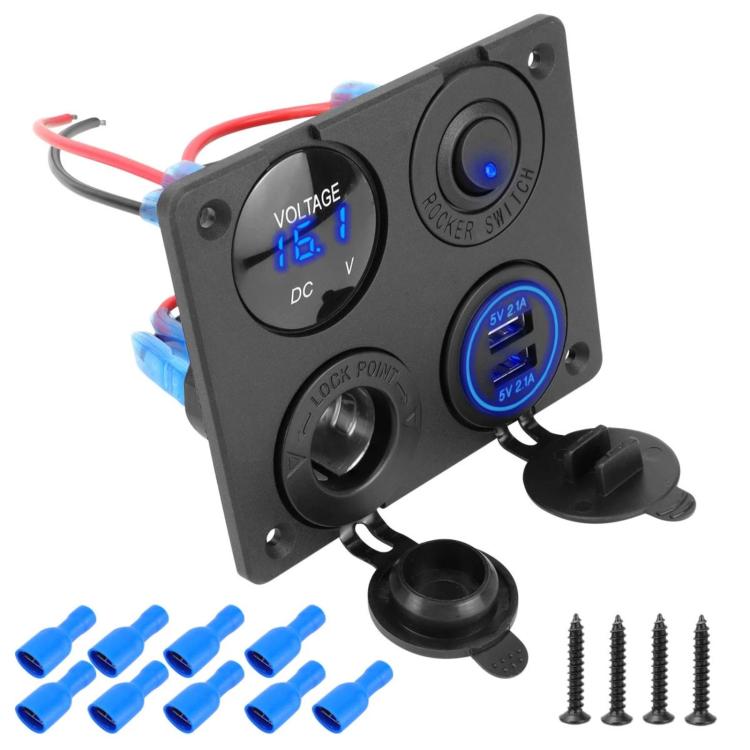 Voltmetro per accendisigari 4.2A Doppia USB Interruttore a pannello a quattro fori per auto, Blue Wireless, Green Wireless, Red Wireless, Blue Wired, Green Wired, Red Wired