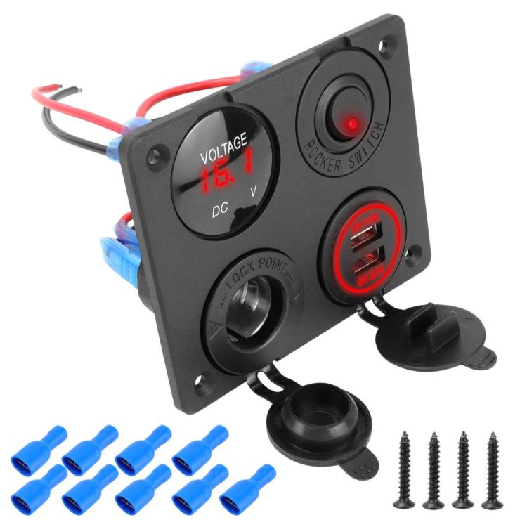Voltmetro per accendisigari 4.2A Doppia USB Interruttore a pannello a quattro fori per auto, Blue Wireless, Green Wireless, Red Wireless, Blue Wired, Green Wired, Red Wired