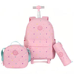 Set di 3 zaini con ruote per bambine: zaino scolastico trapuntato a forma di cuore con ruote, portapranzo e astuccio.
