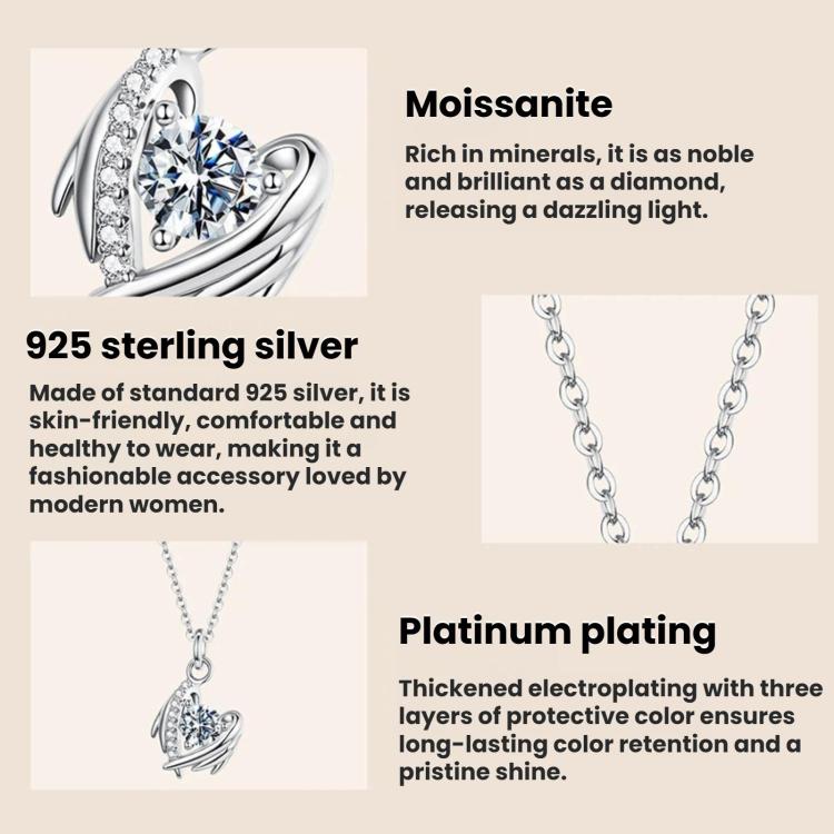 Collana a clavicola con cuore e ala in moissanite, in argento sterling S925., MSN067