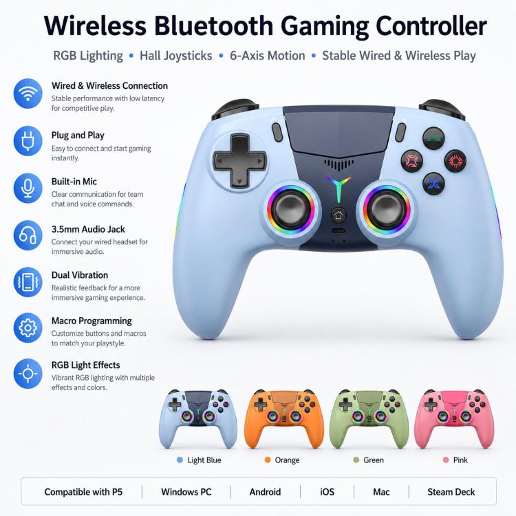 Controller wireless per PS5, gamepad Bluetooth con luce RGB, effetto Hall Joy, pulsante macro posteriore.